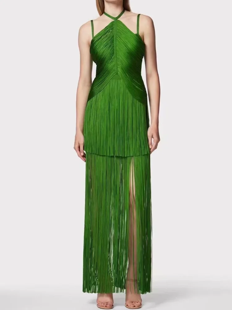 Brand Summer New 2024 INS Celebrity Sexy Tassel Green Bodycon Bandage Dress Elegant High Street Party Evening Maxi Dress