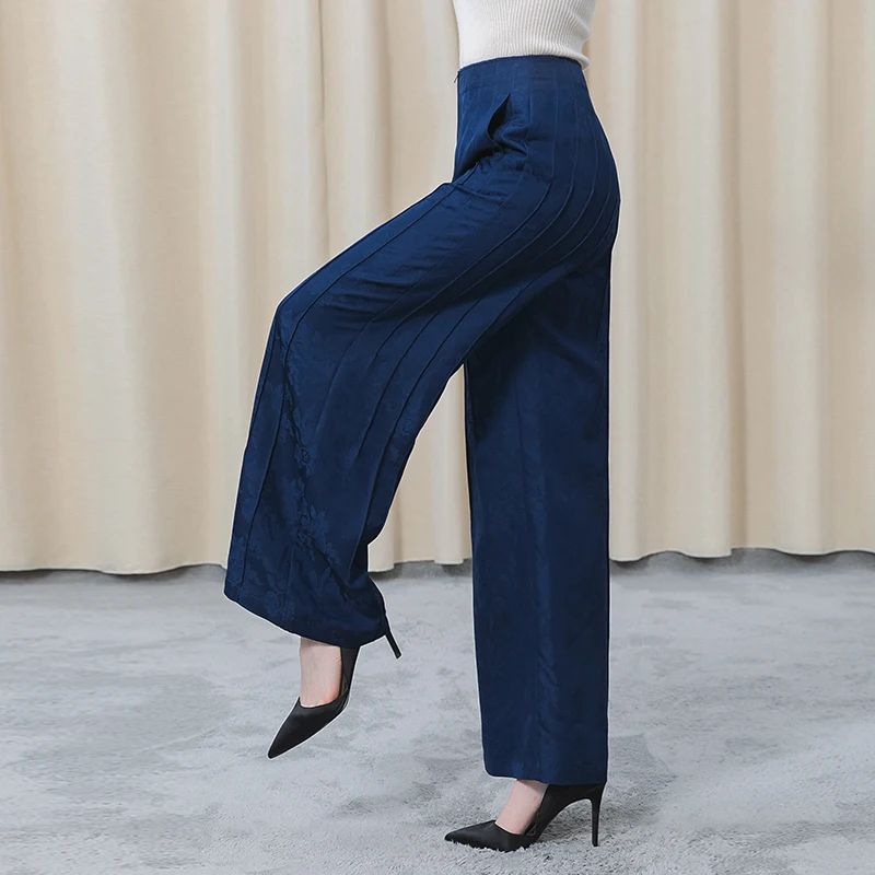 

Silk Jacquard Navy Blue Natural Waist Three-dimensional Fold Edge Zipper Pocket Loose Vertical Wide-leg Pants Summer KE389