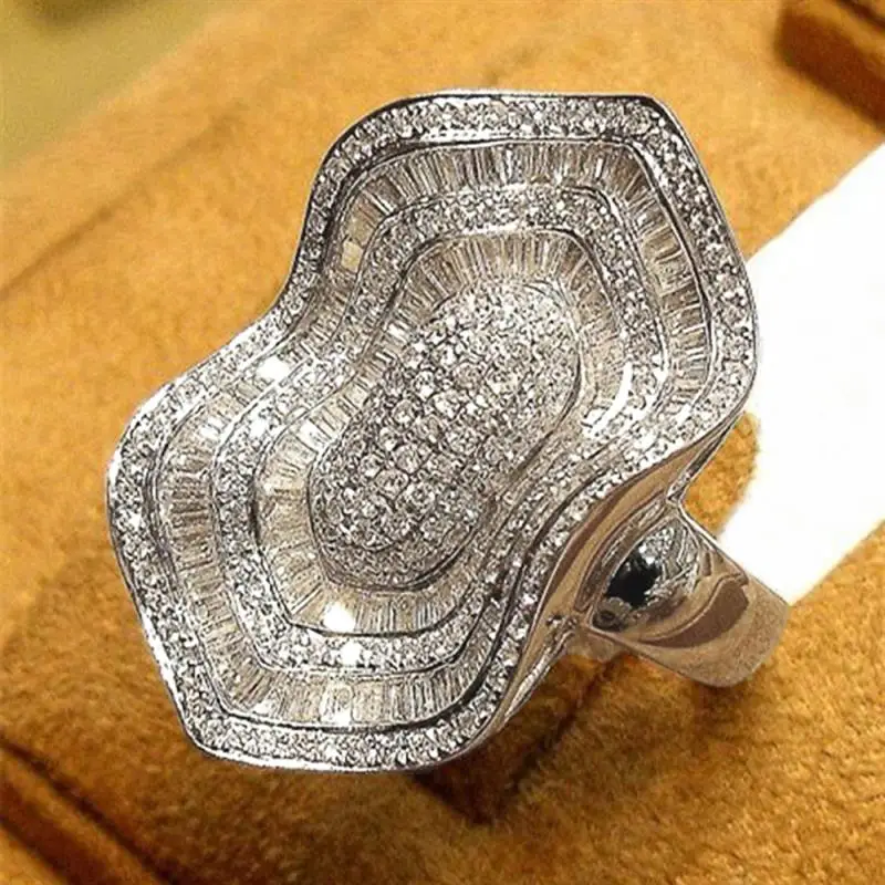 Huitan Geometric Design Women Ring Silver Color Special Shaped Big Accessories Full Shiny Cubic Zirconia Statement Chic Jewelry