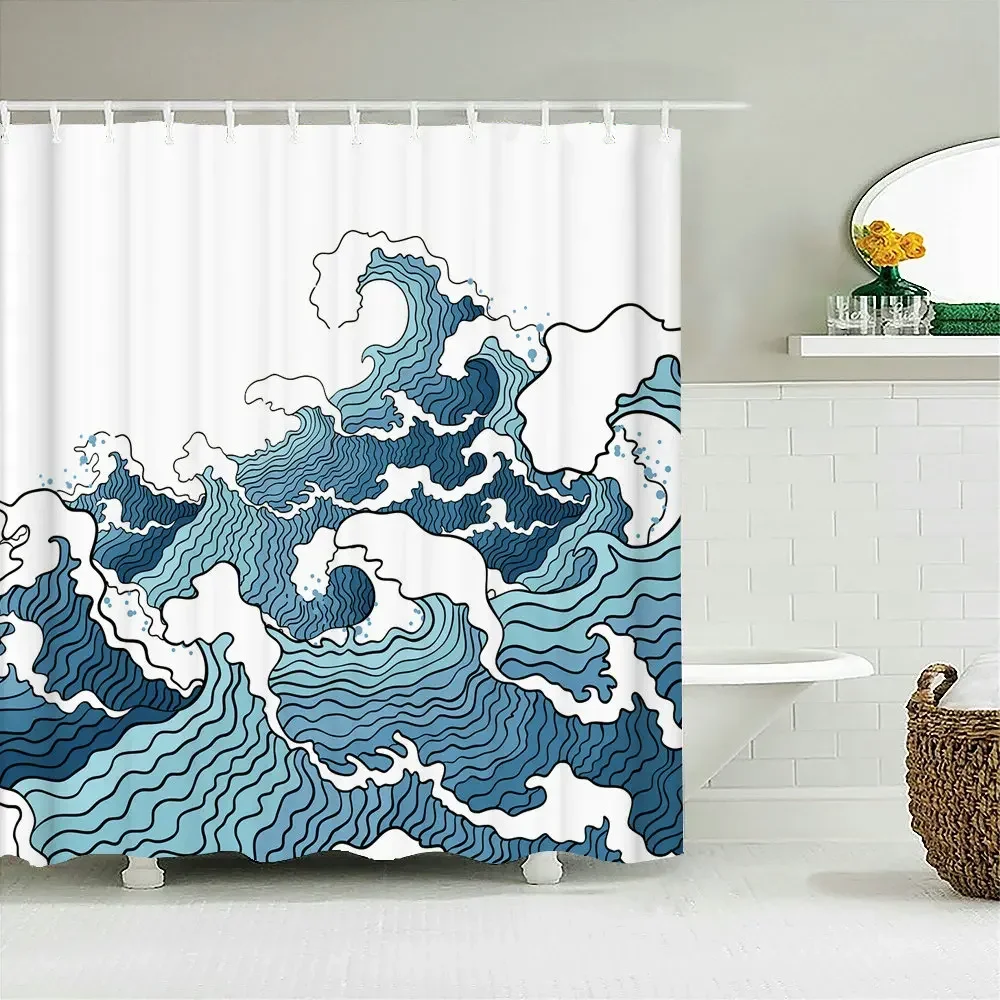 Japanese-style Waves 3D Printing Shower Curtain With Hooks   Home Decoration Bathroom Curtains Waterproof polyester Fabric