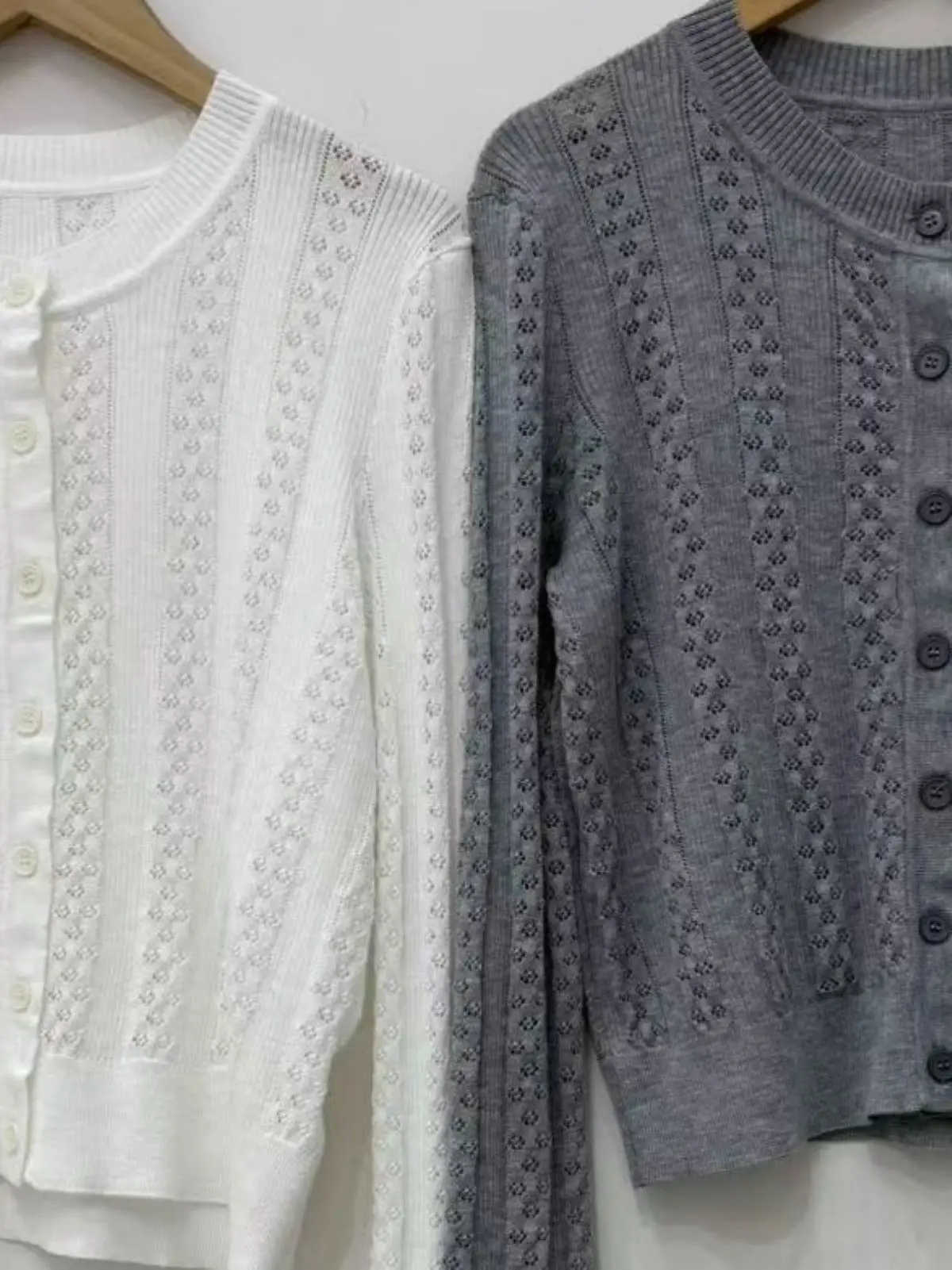 

﻿ Spring/Summer Women O-Neck Long Sleeve Pinstripe Hollow Ribbed Knit Cardigan Single Breasted Slim Fashion Casual Sweater