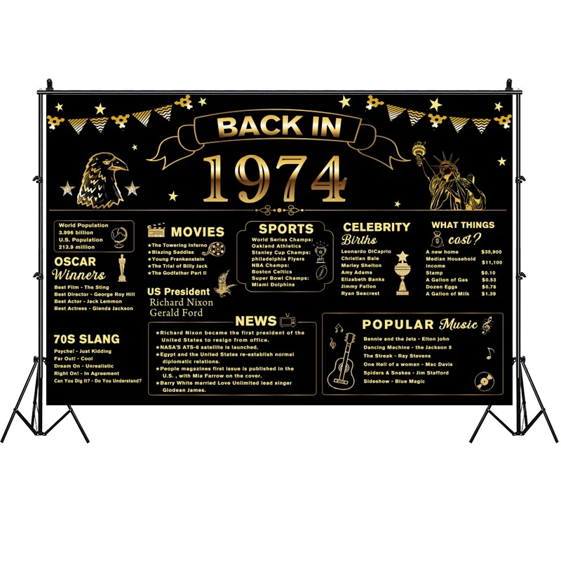 Ritorno nel 1974 Sfondo Banner Happy 50th Birthday Party Sfondo fotografico in oro nero per donne uomini 50 anni
