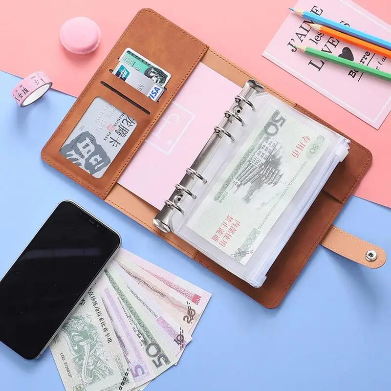 PU Leather Binder Budget Planner Organizer With Clear 12 Zipper Pockets Saving Cash Envelopes System Notebook Cash Organizer