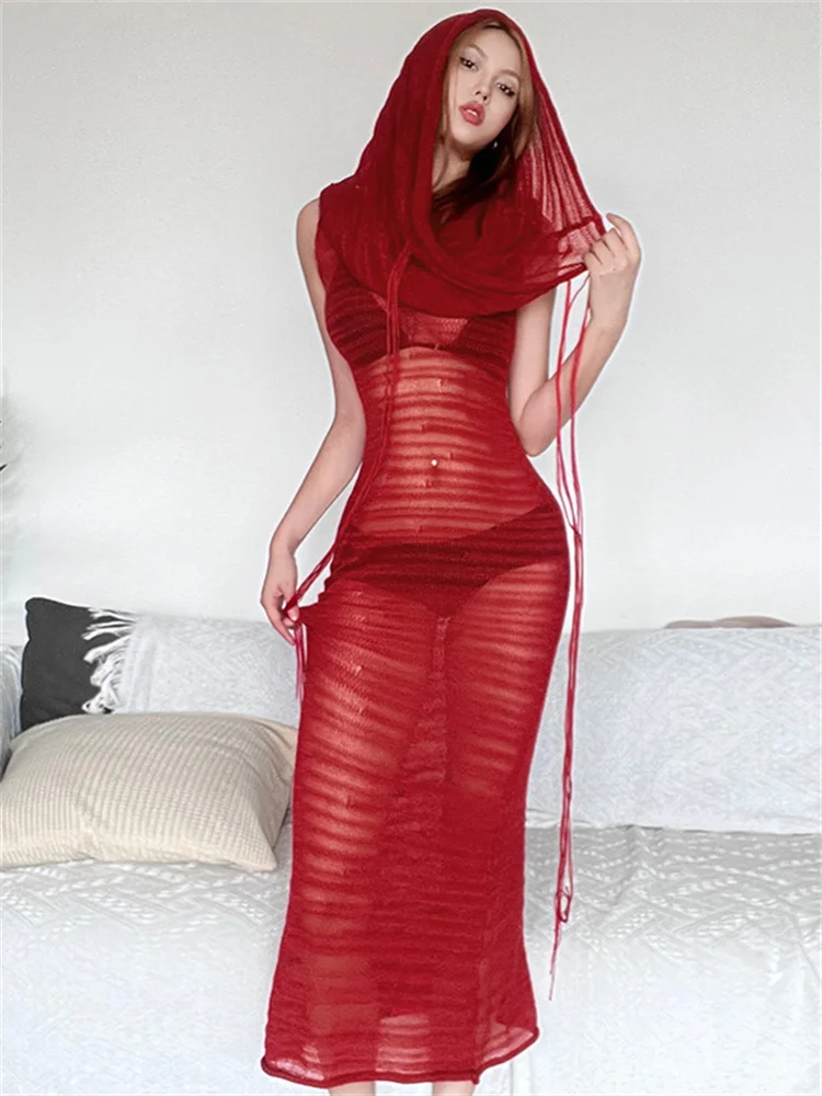 فستان Insglas شفاف من خلال فستان كروشيه مثير بقلنسوة وياقة كومة بدون أكمام ماكسي Bodycon موضة الحفلات المسائية والمناسبات