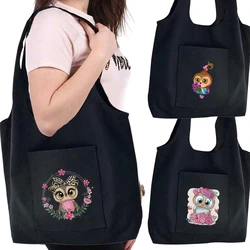 Owl Women Harajuku Style Shopping Bags Letter Pattern Series Shoulder Bag Fashion Handbag Canvas Tote Bag High Capacity Reusable