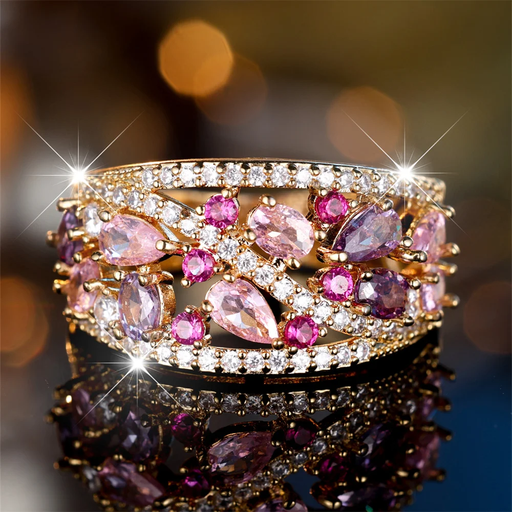 Pink Purple Crystal Water Drop Stone Engagement Rings For Women Vintage Gold Color Wedding Bands Birthstone Jewelry Party Gifts