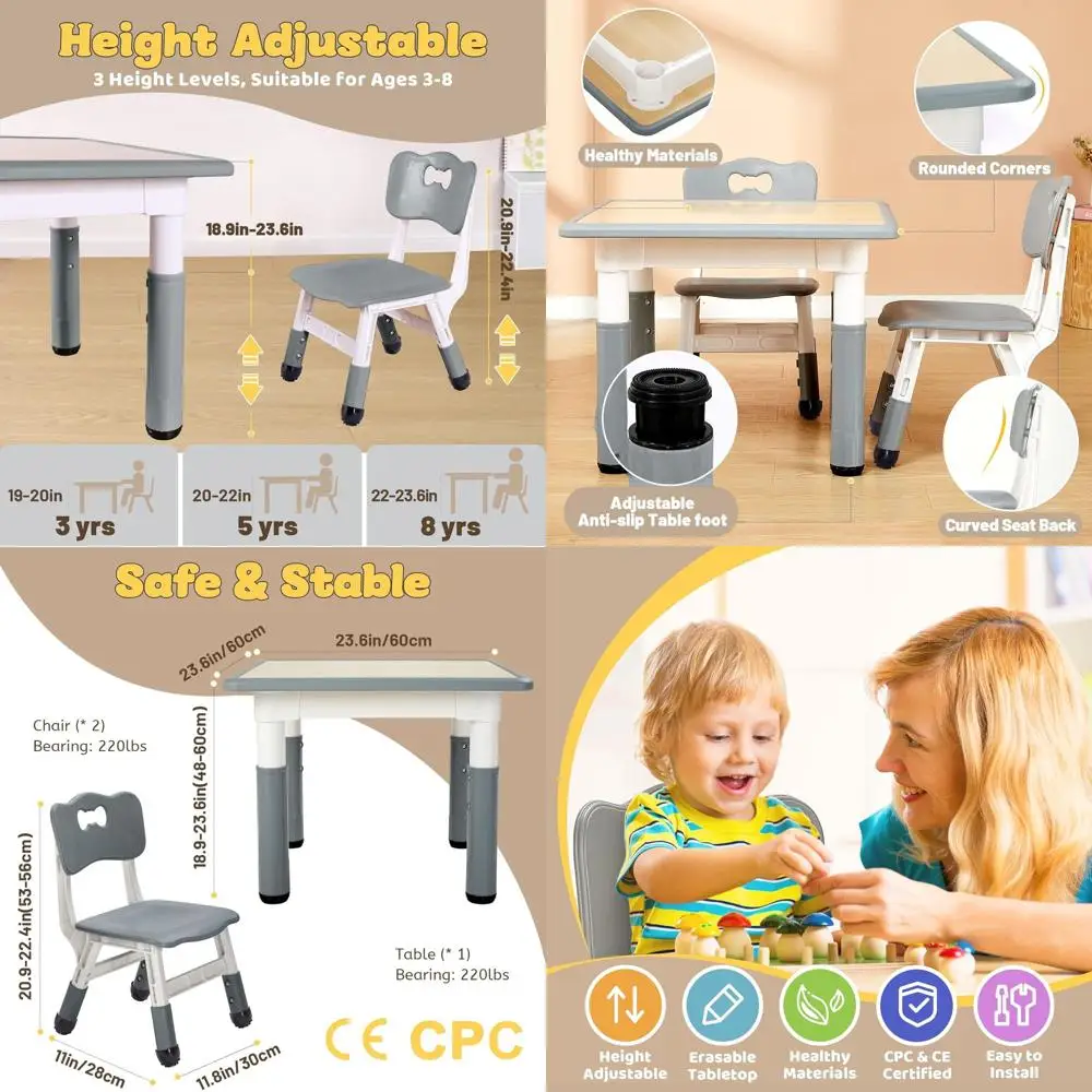 

Регулируемый по высоте стол и 2 стульчика для малышей, возраст 3-8 лет, легкоочищаемый художественный стол для дома, школы или детского сада, сертифицирован как безопасный (3-