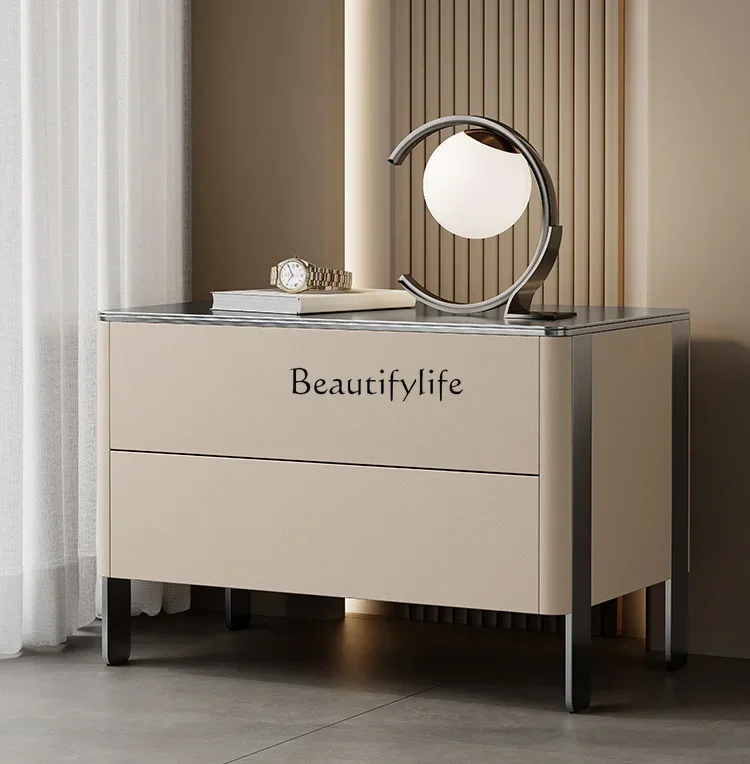 

FG40Minimalist light luxury cream style solid wood leather storage cabinet bedside cabinet