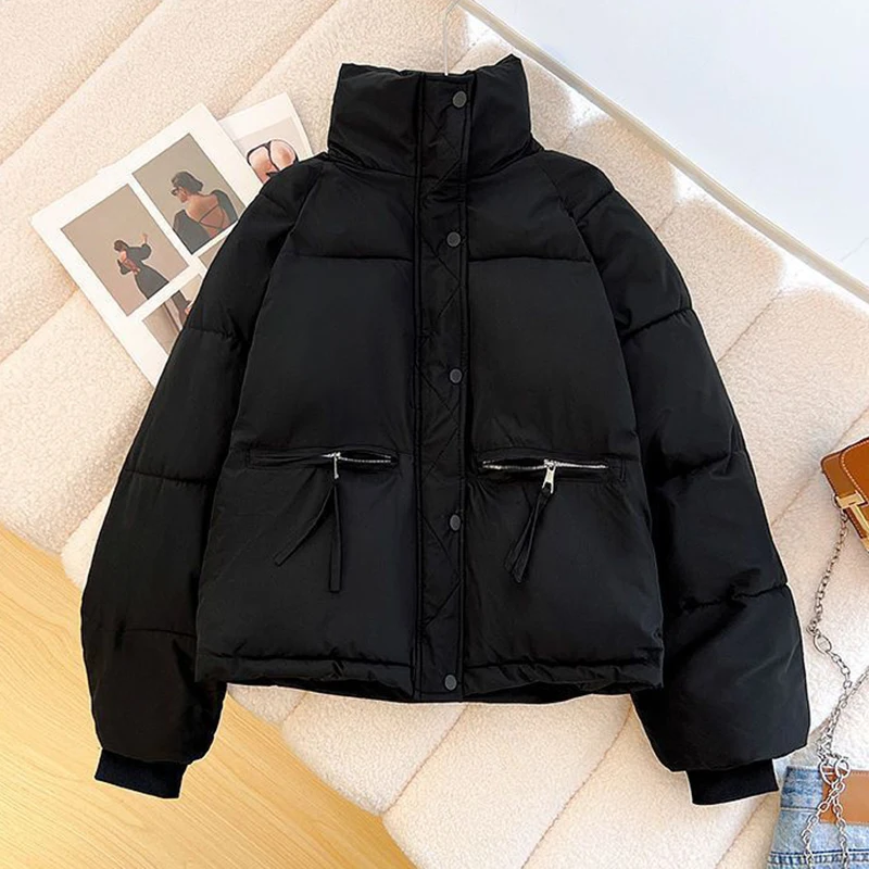 Thickened Cotton Coat Women Korean Zipper Long Sleeve Padded Warm Strand Collar Jacket Fashion Crop Solid Bread Female Outwear