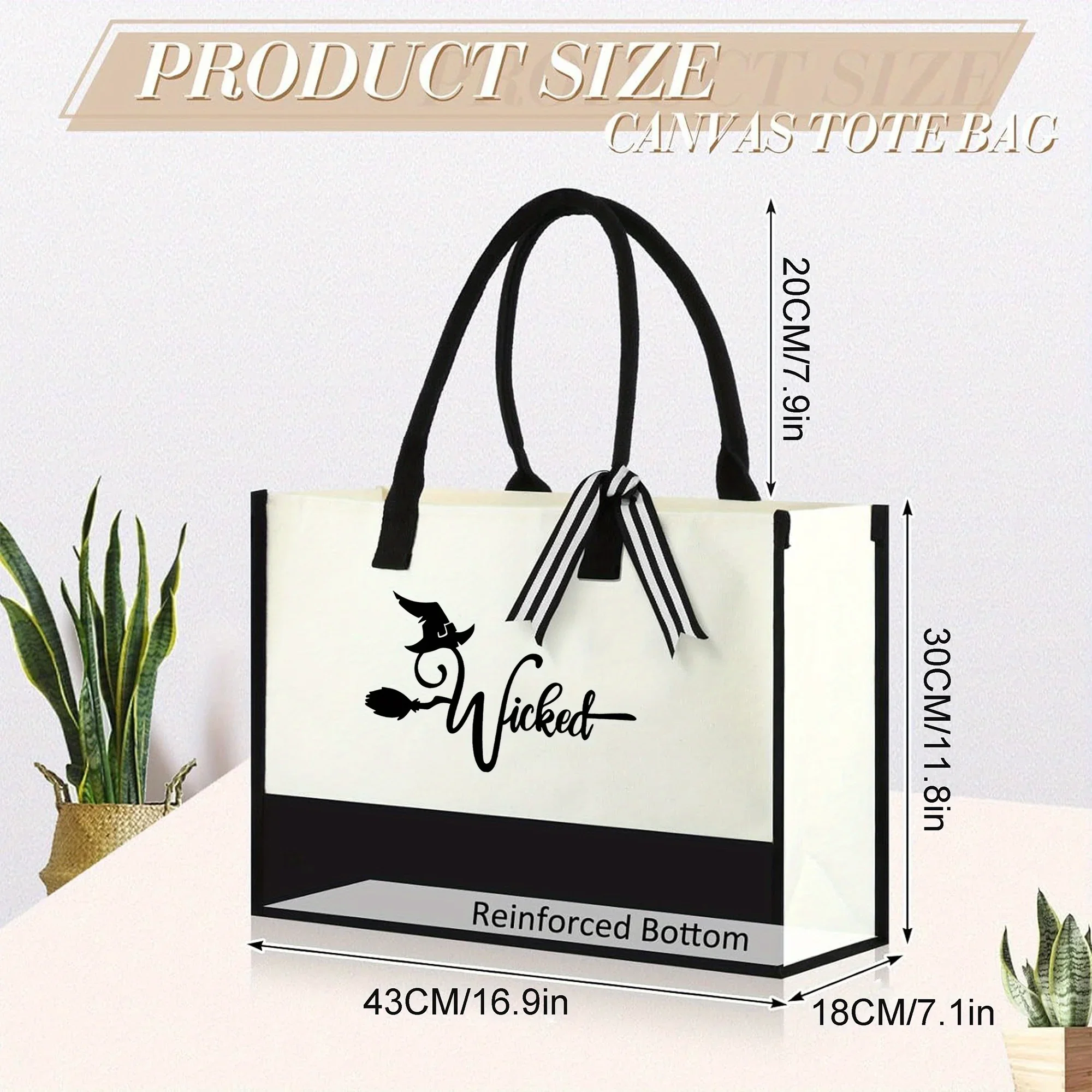 마녀 패턴 캔버스 비치 백, 컬러블록 토트백, 캐주얼 대용량 쇼핑 토트백, 선물 포장 가방, 할로윈 선물