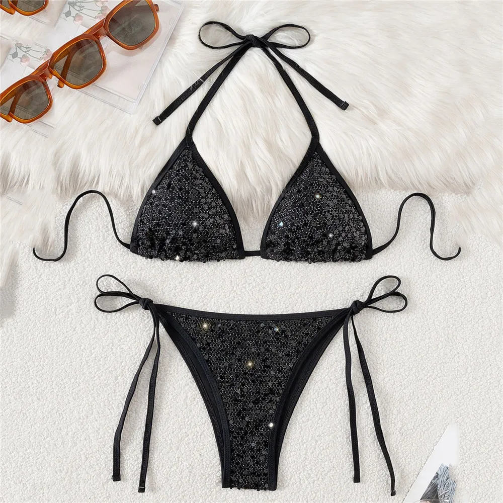 

Shiny Black Mesh Sequin Swimwear Halter String Triangle Thong Micro Bikini Sexy Swimsuit Women 2025 Bathing Suit Bikinis Sets
