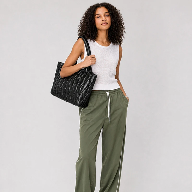 Autumn And Winter Down Cotton Tote Bag Large Capacity Diamond Grid Quilted Pleated Nylon Bag Soft Handbag Shoulder Armpit Bag