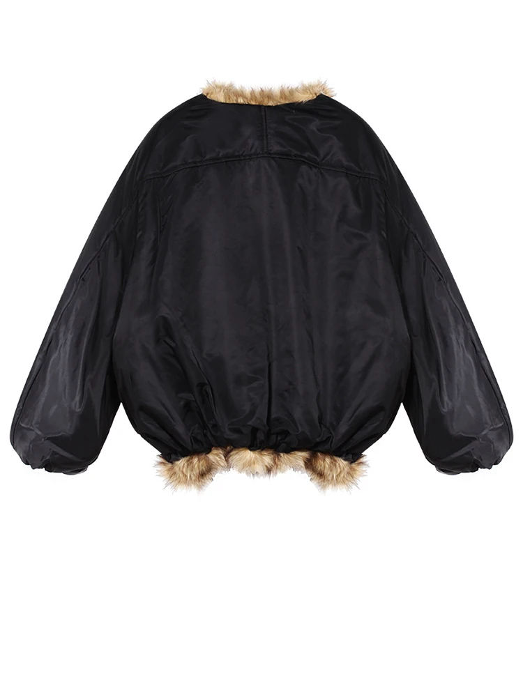 [EAM] Black Big Size Thick Warm Faux Fur Jacket New V-neck Long Sleeve Women Coat Fashion Tide Autumn Winter 2024 1DH4109