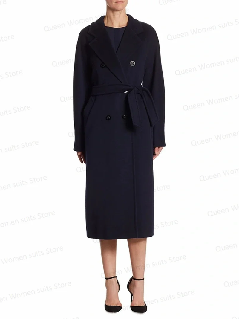 

Black Cashmere Women Overcoat With Belt Long Thick Coat Custom Made Warm Jacket Formal Double Breasted Prom Dress Trench Coat