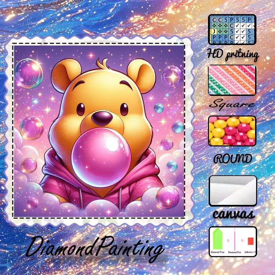 1 piece - Potdemiel-5D-DIY - Flocking cloth - Special drill - Diamond painting set - Cartoon bear, bubble - Diamond art