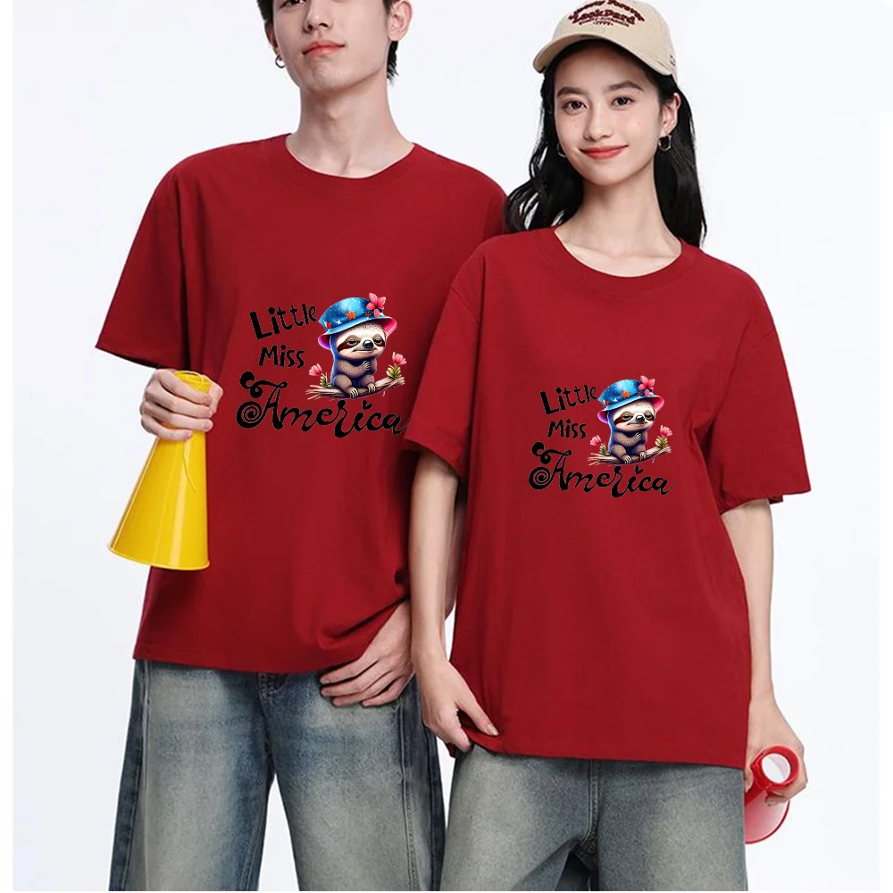 Little Miss America Sloth Printed T Shirt Breathable Fabric S-XXL Personalized Custom T Shirt Casual Short Sleeve Tee Aesthetic
