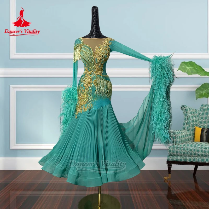 فساتين الفالس للبالغين ذات ثنيات بحاشية سفلية وأكمام طويلة فساتين فاخرة مخصصة لحيوية الراقصة والرقص الاجتماعي ملابس مسابقة ريش النعام #3