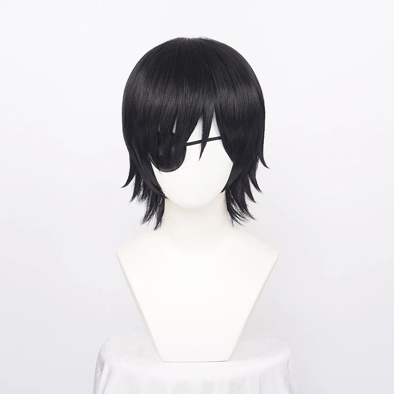 Himeno Wig Black Short Fluffy Layered Synthetic Hair Heat Resistant Costume Party Play With Eyes Patch + Wig Cap