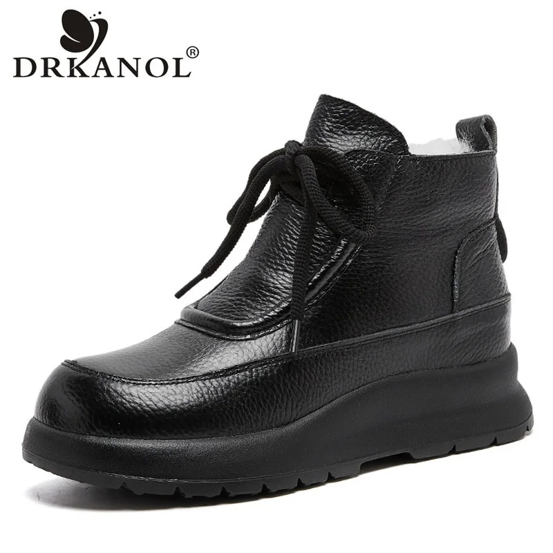 

DRKANOL Natural Wool Snow Boots Women Winter Warm Shearling Fur Chunky Platform Thick Sole Genuine Leather Short Ankle Boots