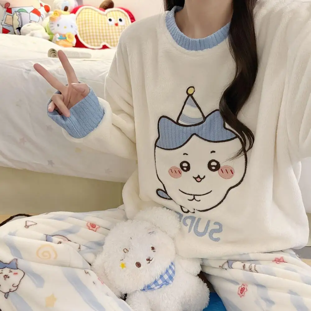 

Winter Female Pajamas Suit Japanese Blue Chiikawa Flannel Women Coral Velvet Thickened Warm Home Clothes Girls Lounge Clothes
