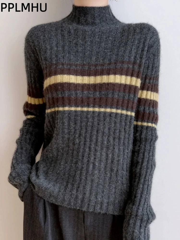 

Мешковатый свитер в полоску с полувысоким воротником, корейские модные женские повседневные пуловеры, джемперы с длинными рукавами и мягкой подошвой, вязаный Sueter