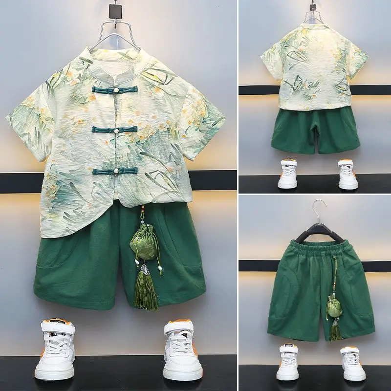 

2024 Summer Chinese Green Printed Boy School Uniform Ancient Style Handsome Children's Tang Suit Tai Chi Clothing 80-120cm