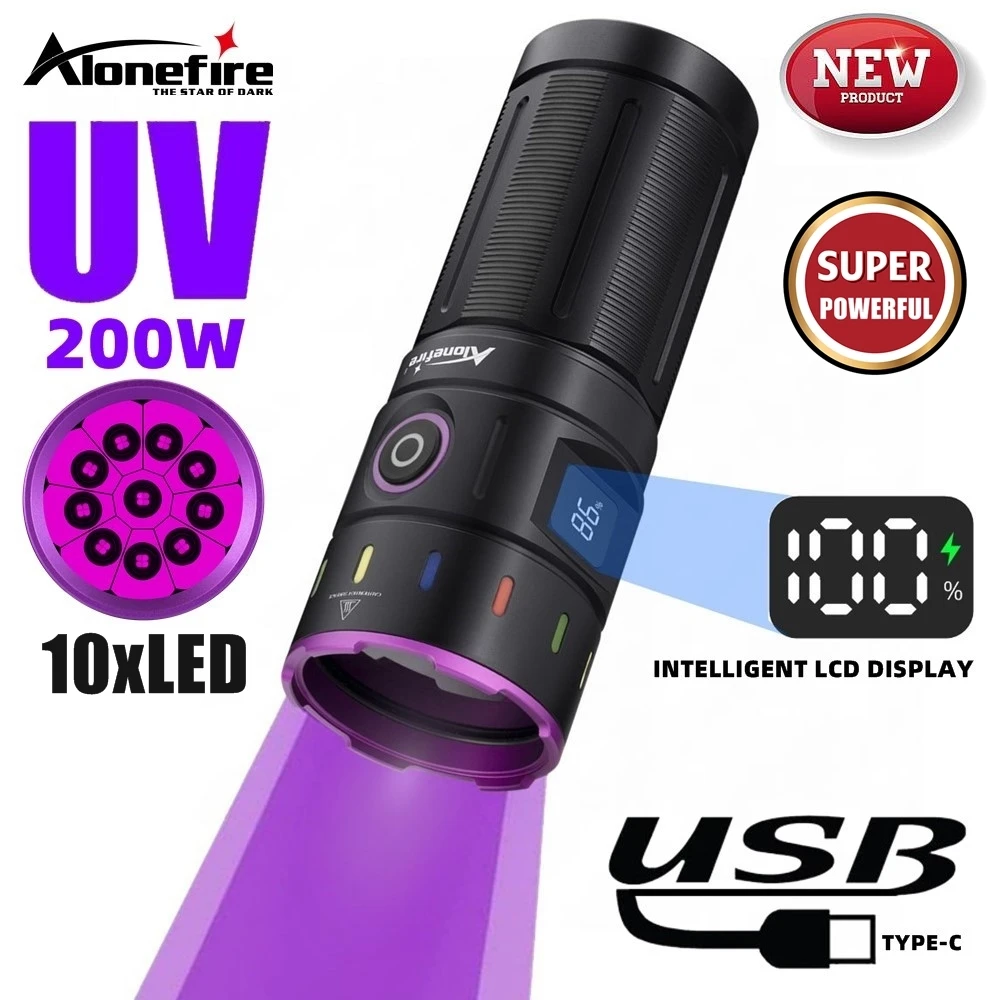 200W 10x LED 365nm UV Flashlight High Power Blacklight Torch USB Rechargeable Pet Urine Stain Scorpion Money Fluorescent Light