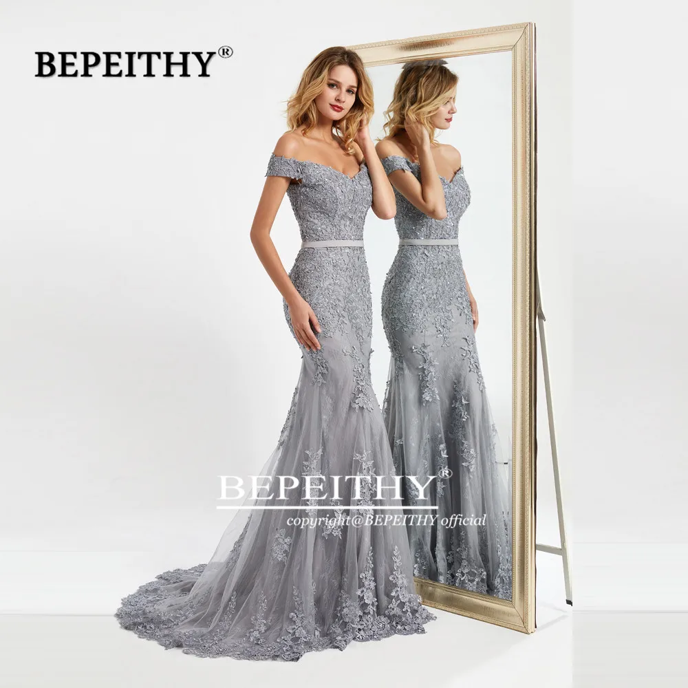 BEPEITHY Customized Mermaid Off Shoulder Long Evening Dresses For Women Lace Luxury Dubai Prom Dress With Short Train Party Gown