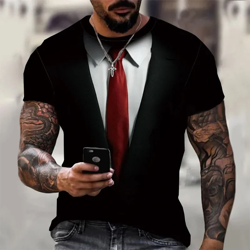 Camisetas de moda para hombre, traje con estampado 3d y patrón de corbata, Camiseta lisa de manga corta, ropa de calle, Tops