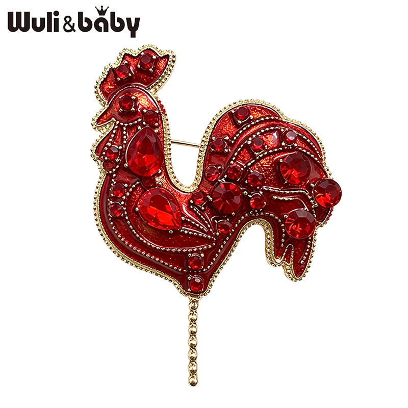 Wuli&baby Beautiful Crystal Cock Brooches For Women Unisex Red Handmade Chicken Animal Party Casual Brooch Pin Gifts