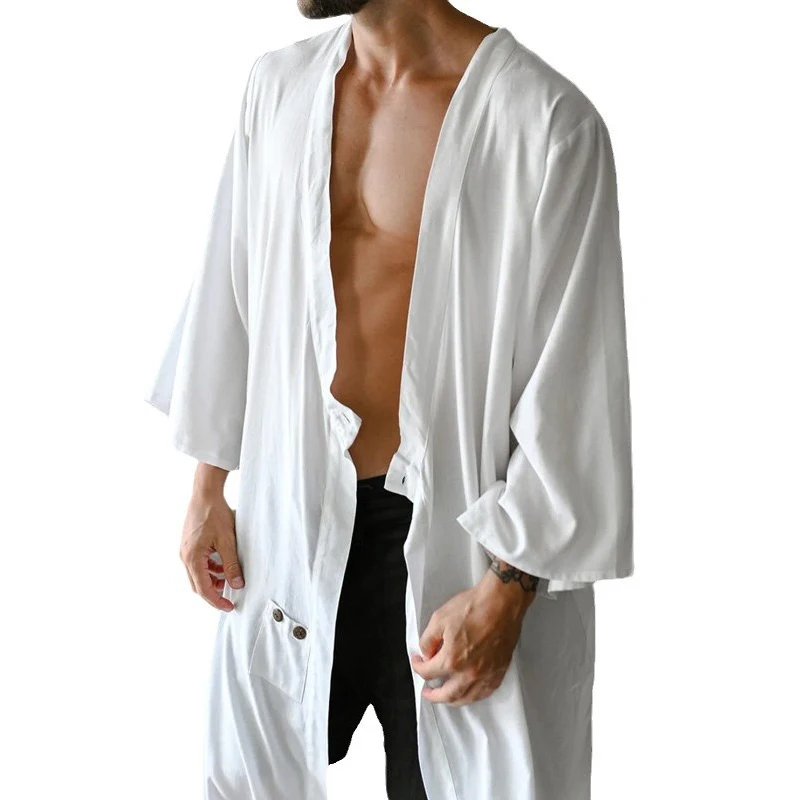 الترفيه فضفاض المفتوحة غرزة عباءة معطف رجالي خمر بلون مقنعين سترة القمم 2025 الصيف أنيق زرر سموك رداء طويل