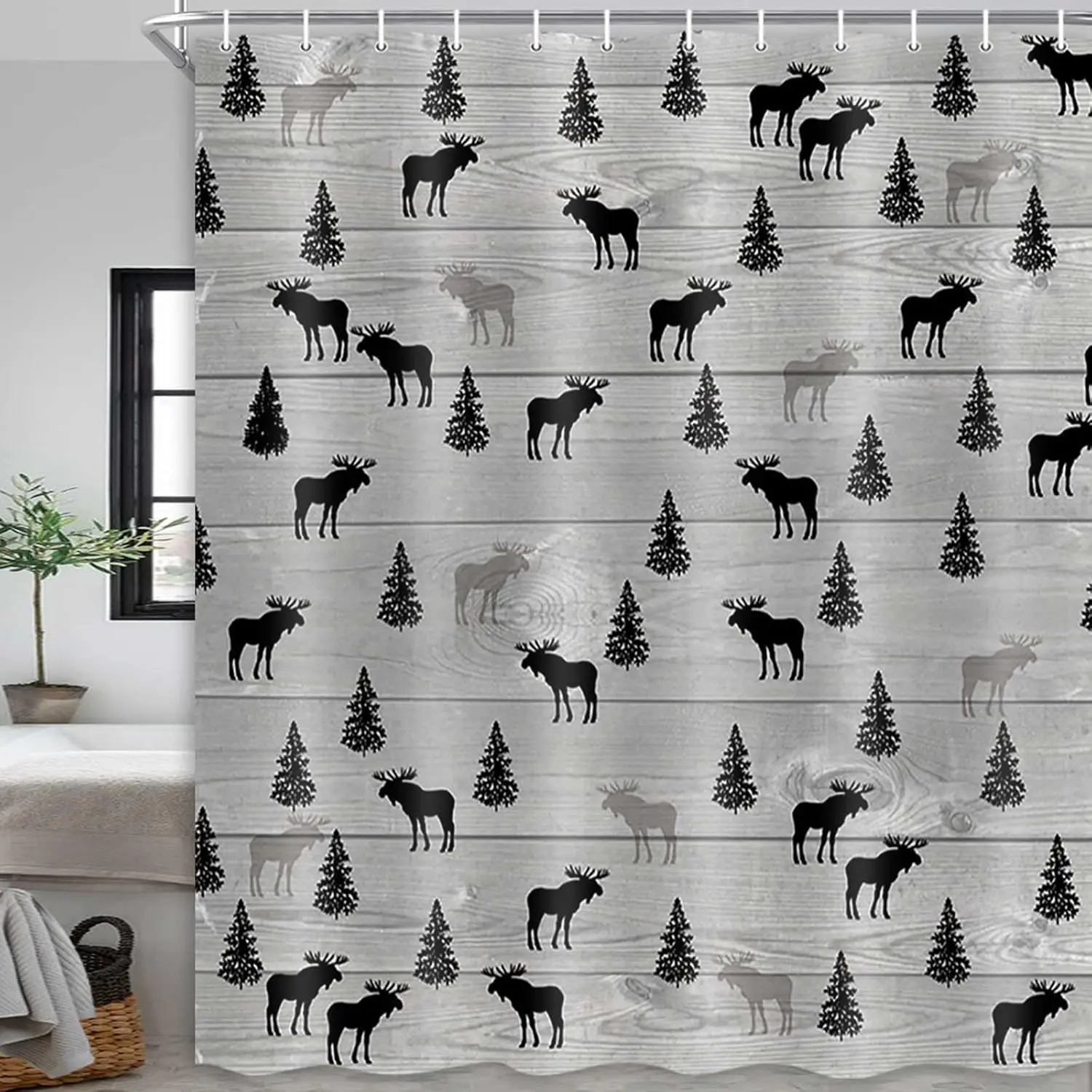 

Vintage Moose Deer Pine Tree Decor Country Style Bathroom Curtains Wildlife Design Gray and Black Bathroom Accessories,
