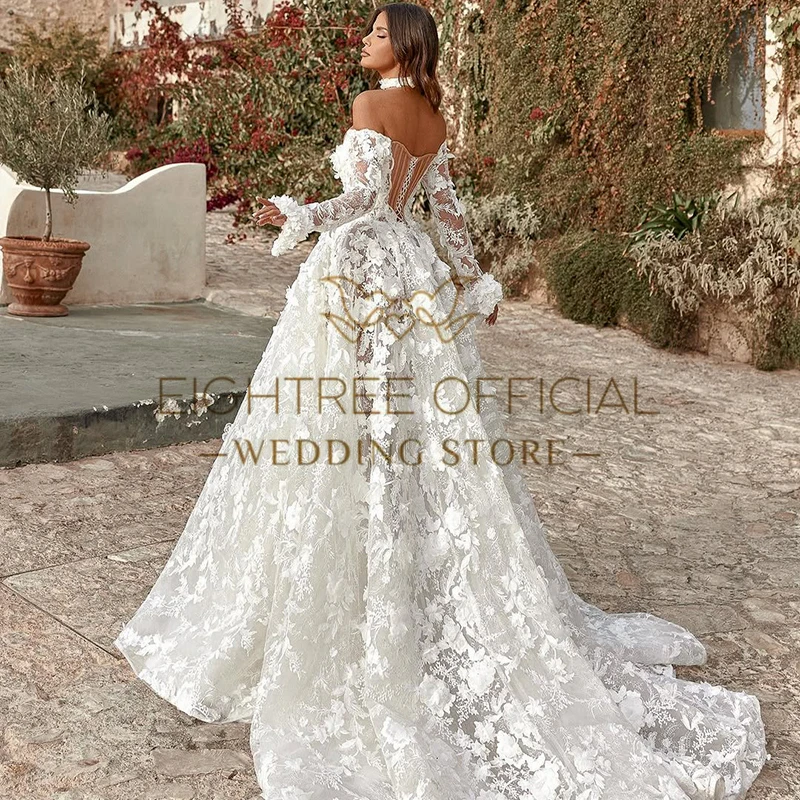 Eightree Elegant A-Line Wedding Dresses 3D Flower Long Sleeve Split Bridal Dress Princess Wedding Ball Prom Gowns Customized image 2