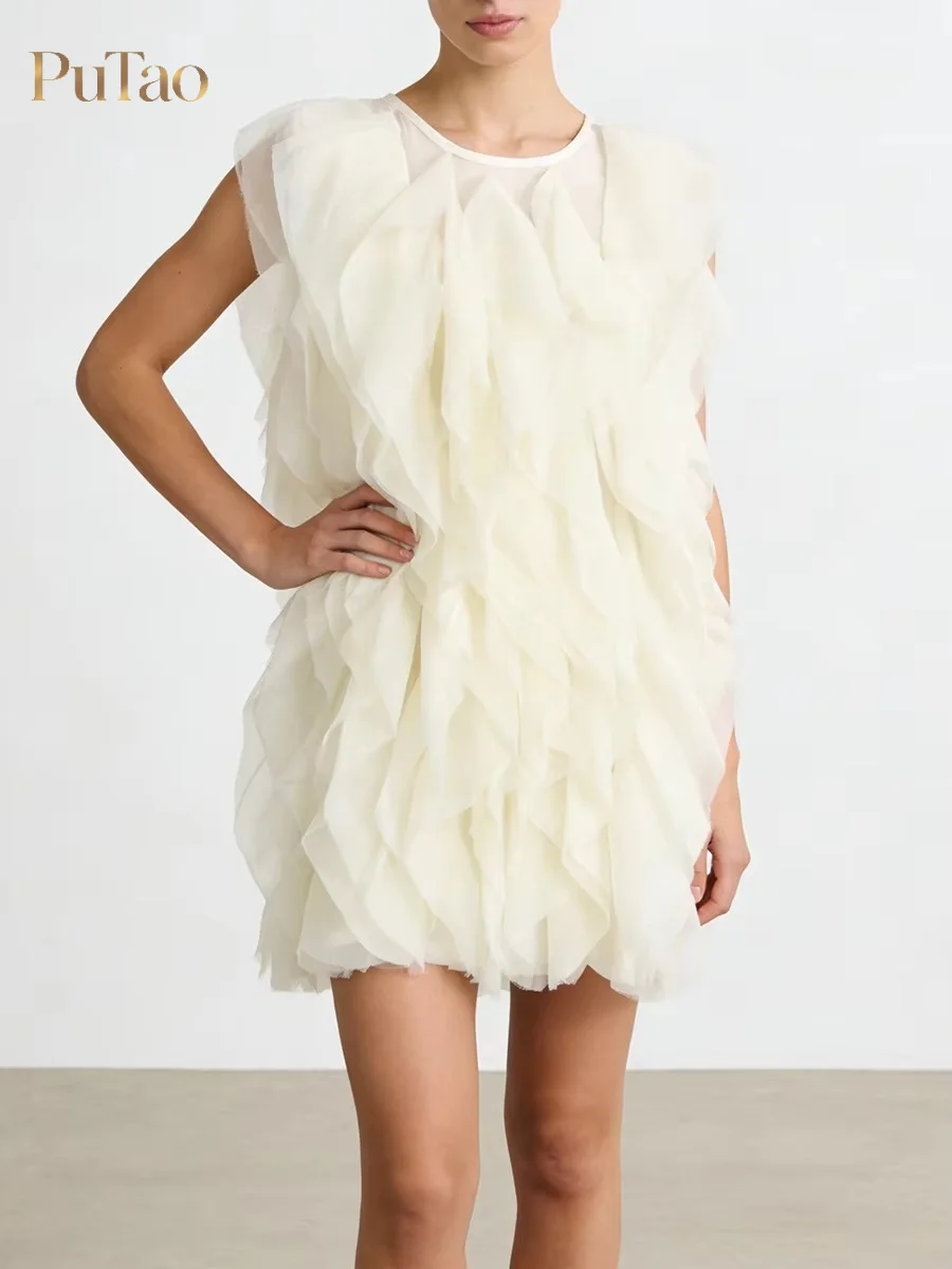 PuTao Cream White Women Mini Dress Sleeveless O Neck Multi Layer Ruffle Tulle Loose Fit Elegant Party Prom Short Dress