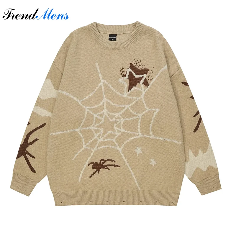 

Men's Spider Web Knitwears American Design Trend Comfortable Sweaters Fashion Round Neck Casual Printing Pullovers Autumn Winter