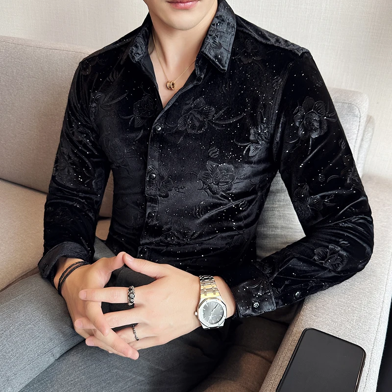 Camisa de flores de terciopelo de manga larga para hombre, camisas de vestir informales de negocios con estampado de lujo, Tops formales con cuello