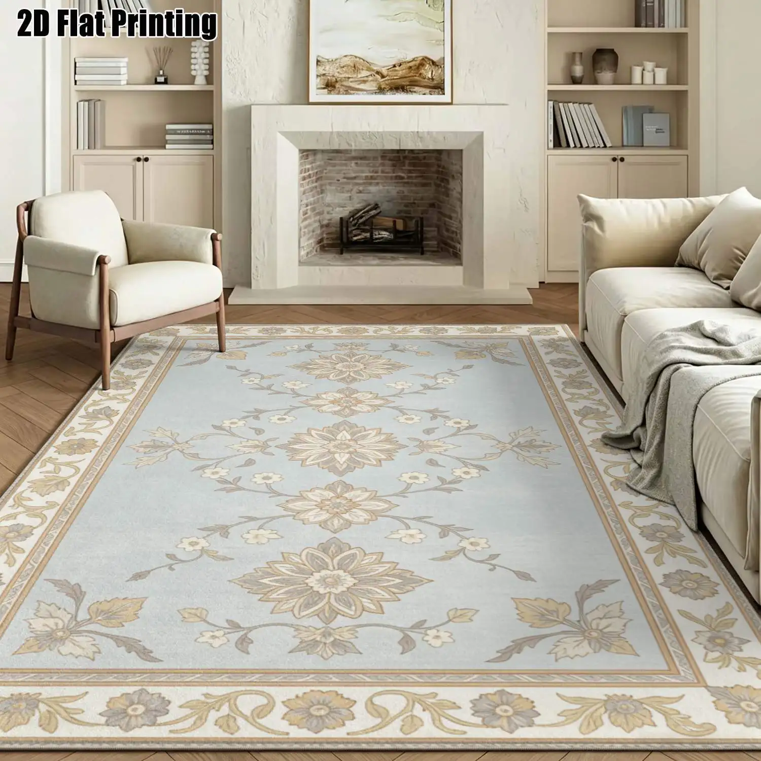 1Pc 2D Printed Carpet: Light Blue Floral, European Vintage Geometric, Home Decor, Multi-Size, Machine Washable, for Living Room, Bedroom, Dining Room, Entrance, Study