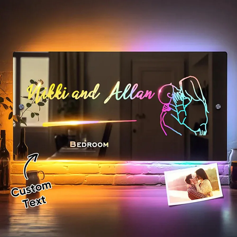 Personalized Photo Mirror Light Custom Logo Text LED Light Up Mirror for Wall Bedroom Christmas Valentine's Day Wedding Gifts