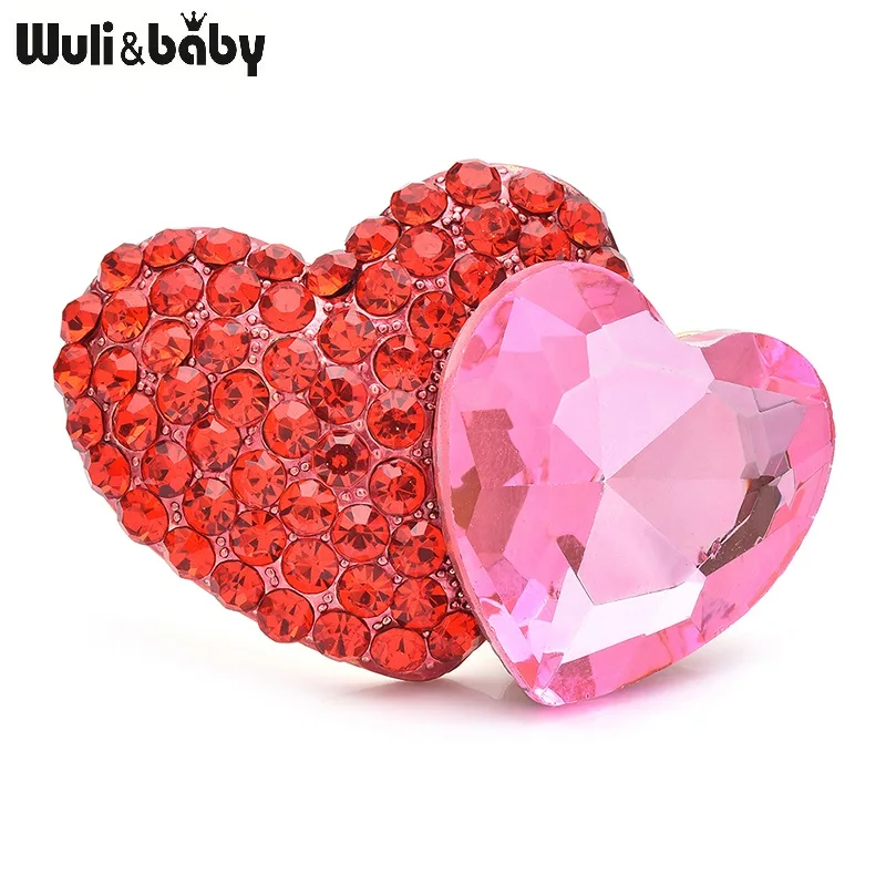 Wuli&baby Shining Crystal Double Heart Brooches For Women Red Pink Beautiful Love Casual Party Brooch Pins Gifts