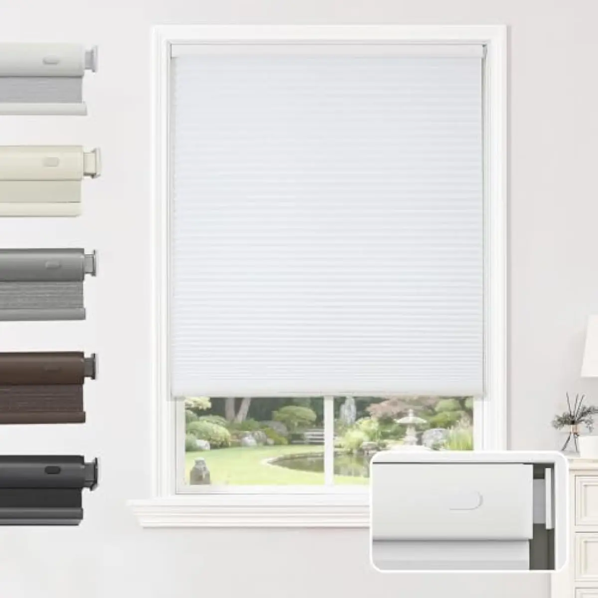Cordless Tension-Mounted Honeycomb Shades for Light Control – 34 Inch Width x 64 Inch Height – White Blackout Window Covering wi