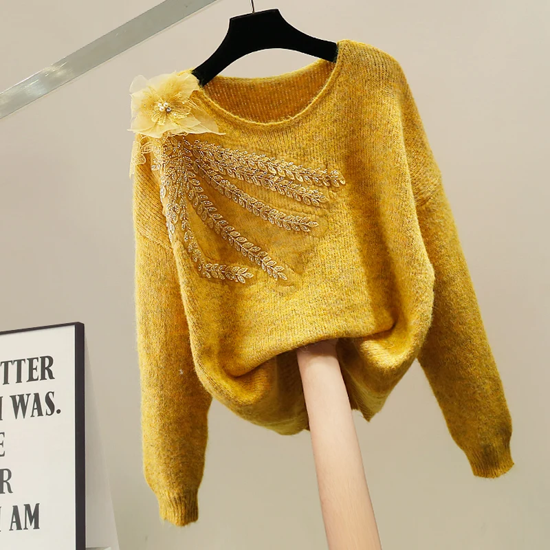 

Faionable Heavyweight Beaded 3D Flower Yellow Knitted Sweater Women's Korean Sle Autumn Winter Slim Fit Overhead Knit Top