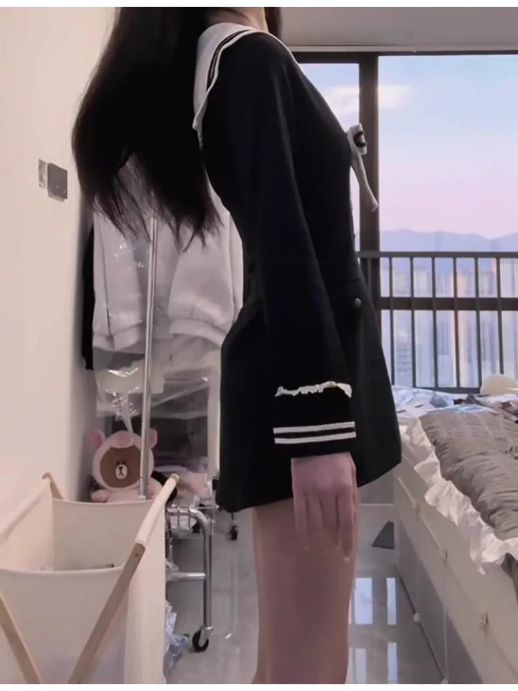 2025 Spring Sweet Lapel Tie Dress Women Korean Fashion Thin Fake Two A-line Dresses Preppy Style Ruched Casual Clothing Party