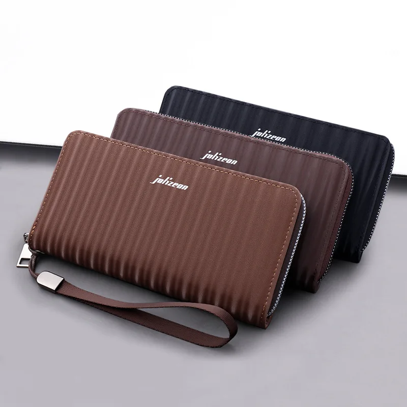 High Quality Striped PU Leather Men\'s Long Zipper Wallet New Handbag Wrist Strap Casual Mobile Bag Multi Card Purse Hot Sale