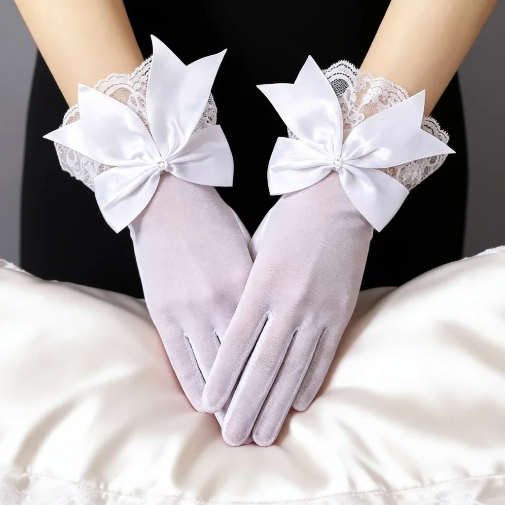 Gloves Women Short Lace Mesh Bow Rhinestone Sun Protection Bridal Wedding Party Photo Shoot Accessory Lightweight Color Choice