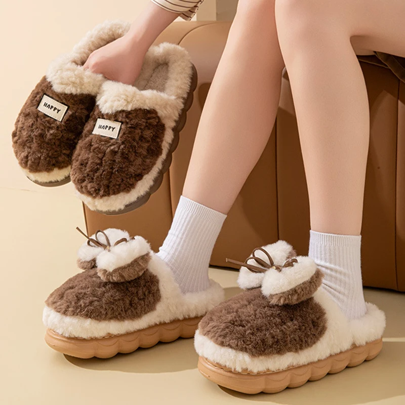 

Женские плюшевые тапочки с бантом Detor, зима 2025, мягкие хлопковые шлепанцы с толстой подошвой, женские домашние пушистые домашние теплые меховые тапочки Mujer