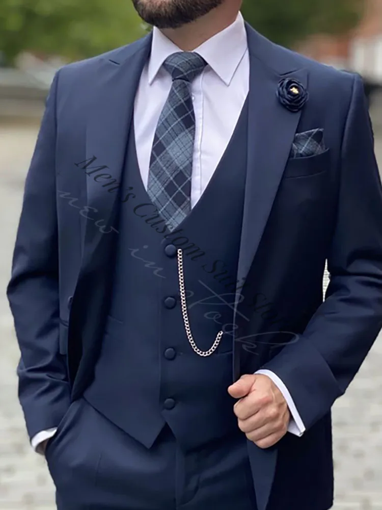 Men's Navy Blue Slim Fit 3-Piece Suits Set (Jacket Vest Pants) Business Formal Man Suits Marriage Groom Wedding Tuxedos Blazers