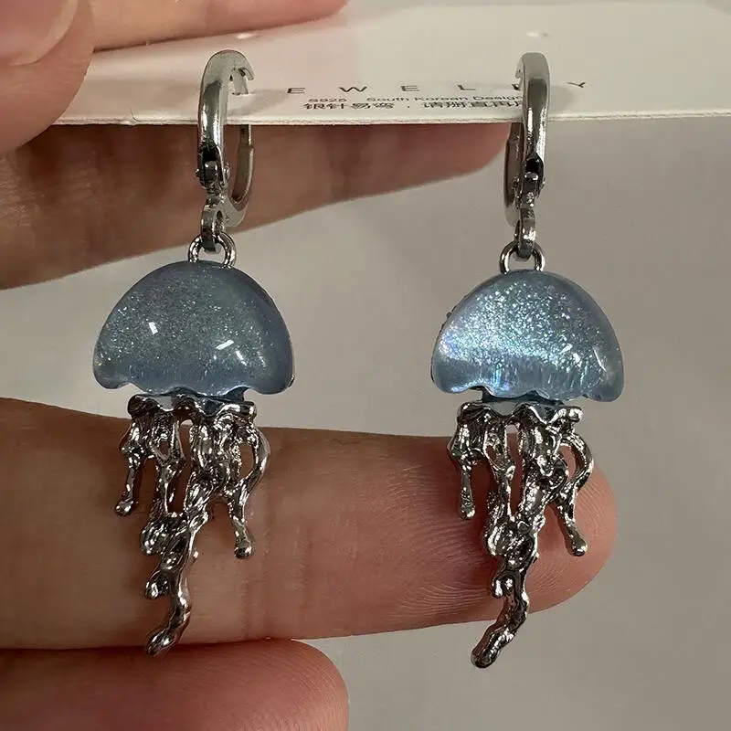 Cute Blue Jellyfish Ocean Pendant Earrings For Women Girls Unique Aesthetic Charm 2000s Harajuku EMO Vintage Jewelry Accessories