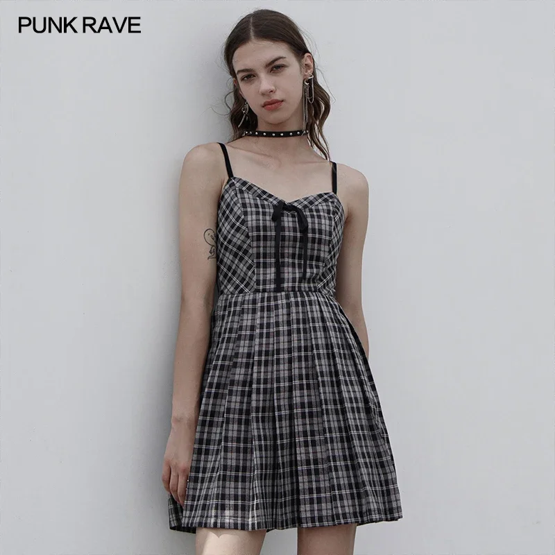 

PUNK RAVE Suspender Pleated Dress A-hem Collected Waist Hand Made Bow Girl Black White Plaid Summer Women es Clothing