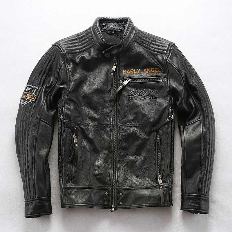 Leather with stand-up collar embroidery and eagle cowhide