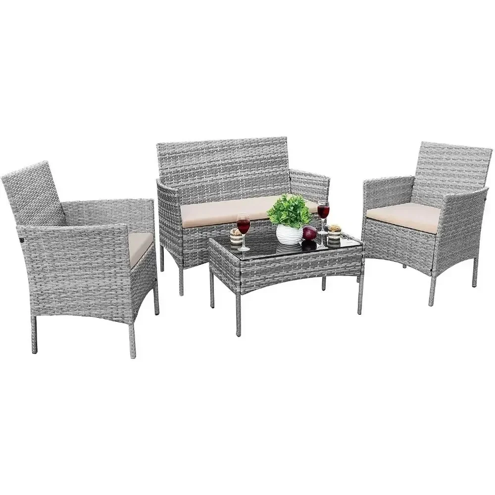 4 Pieces Patio Porch Furniture Sets PE Rattan Wicker Chairs Beige Cushion with Table Outdoor Garden Patio Furniture Sets (Grey)